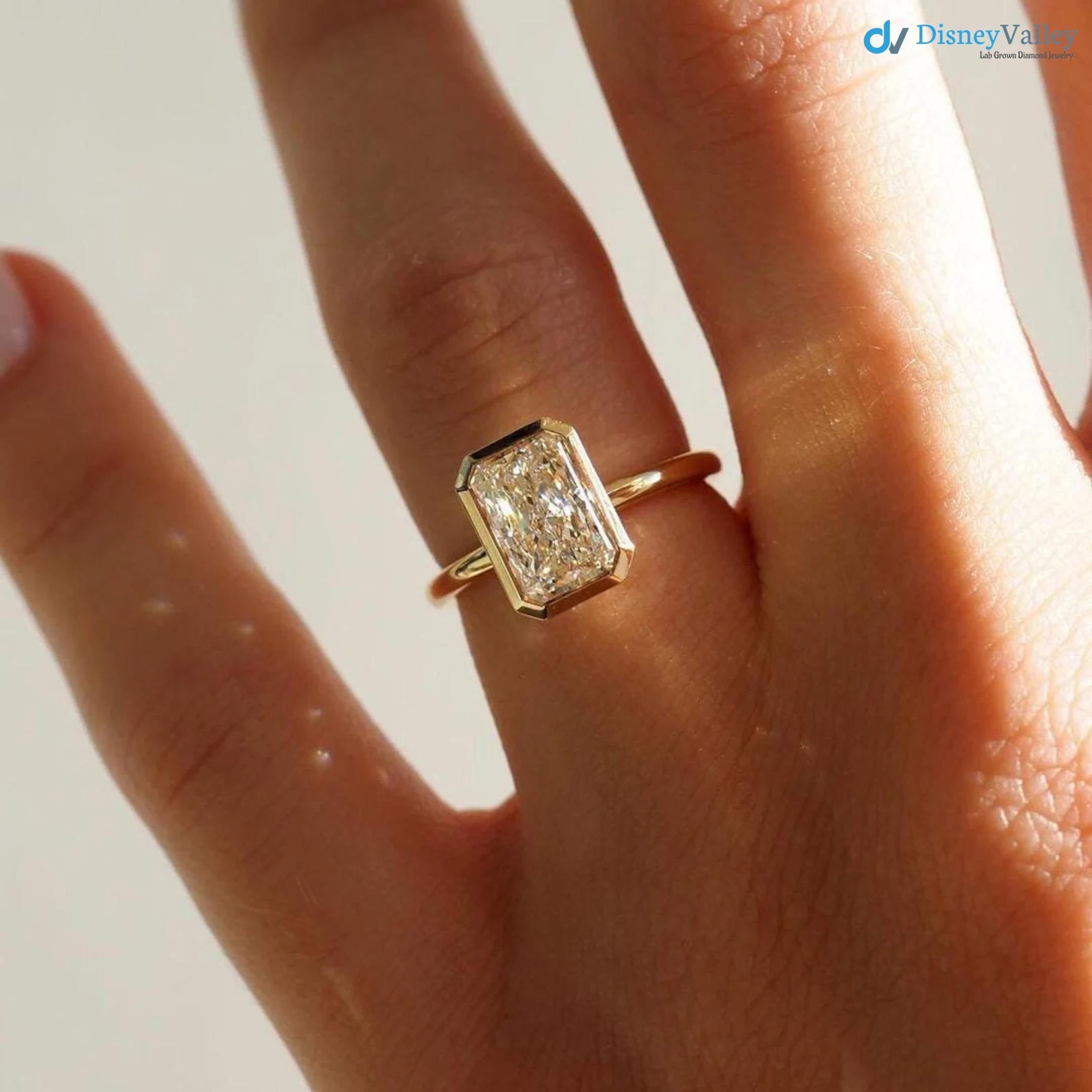 3.00 Ct IGI CERTIFIED Elongated Radiant Cut Lab Grown Diamond Bezel Set Solitaire Engagement Ring - DisneyValley 