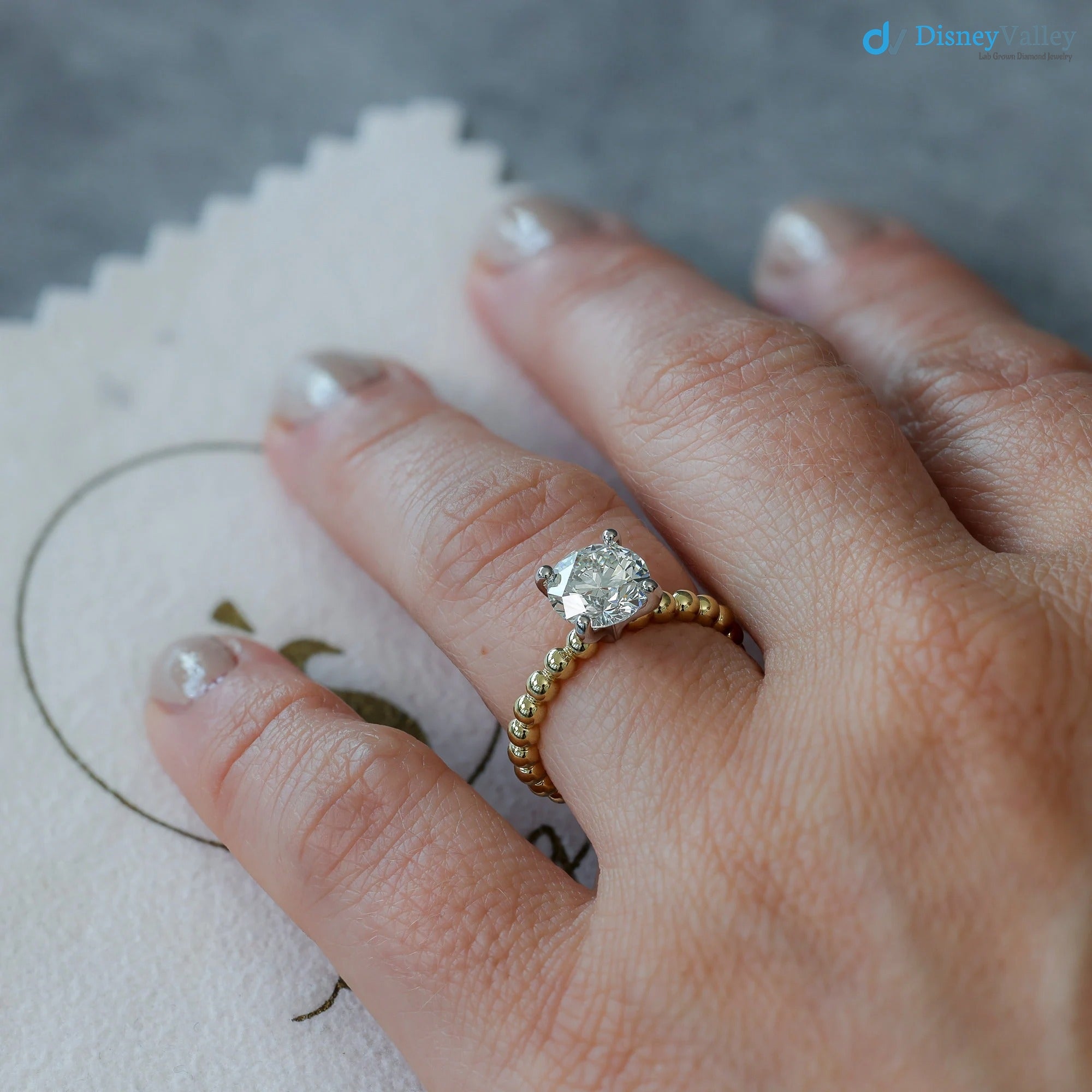 Beaded Diamond Engagement Ring Two-Toned Mixed Metal Solitaire ring - DisneyValley  Main image