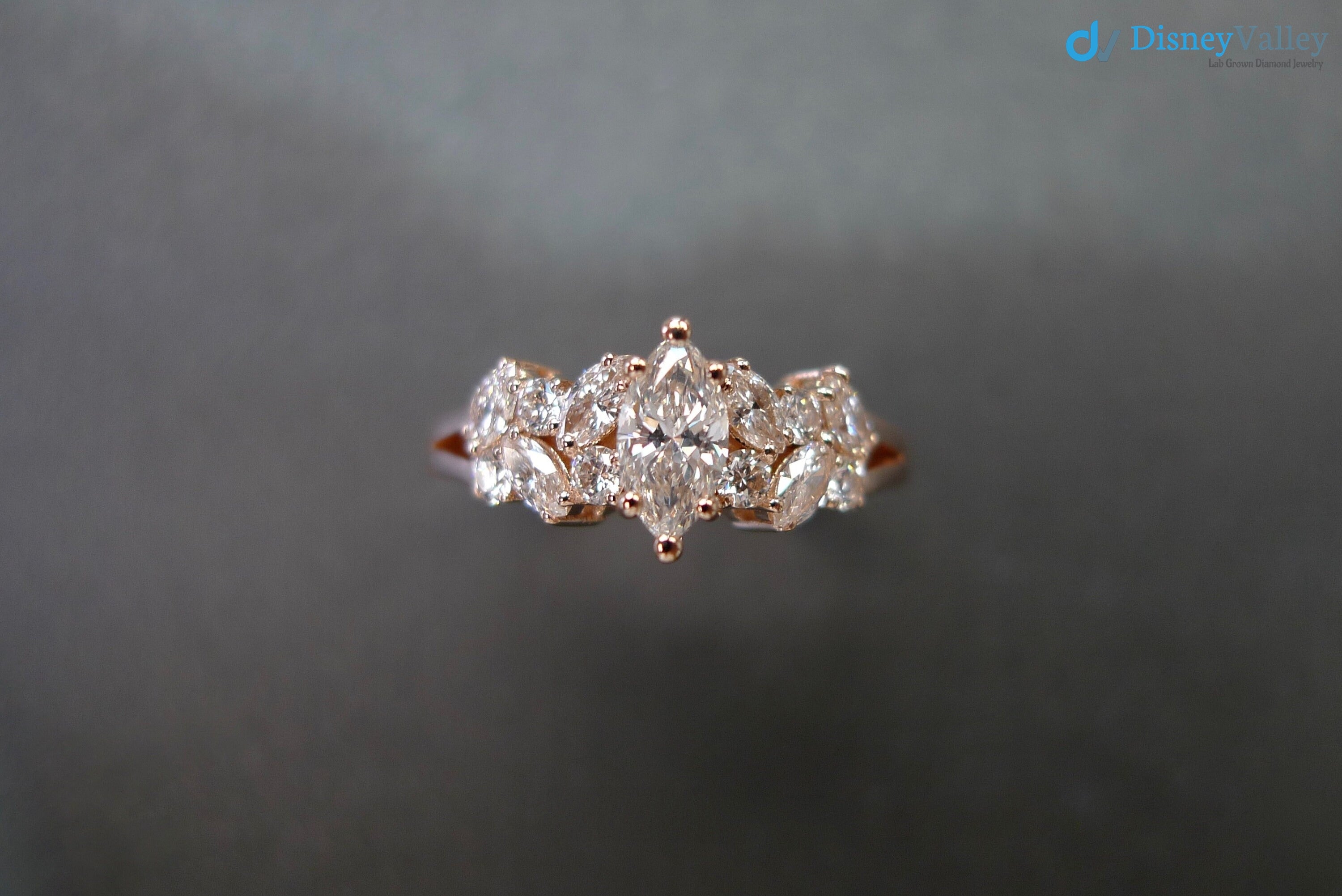 Marquise Diamond Unique Engagement Ring in Solid Rose Gold - DisneyValley 
