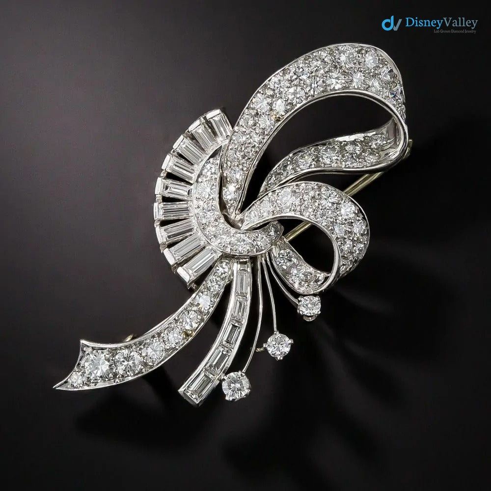 Art Deco Edwardian ribbons shimmering with diamond 925 sterling silver brooch