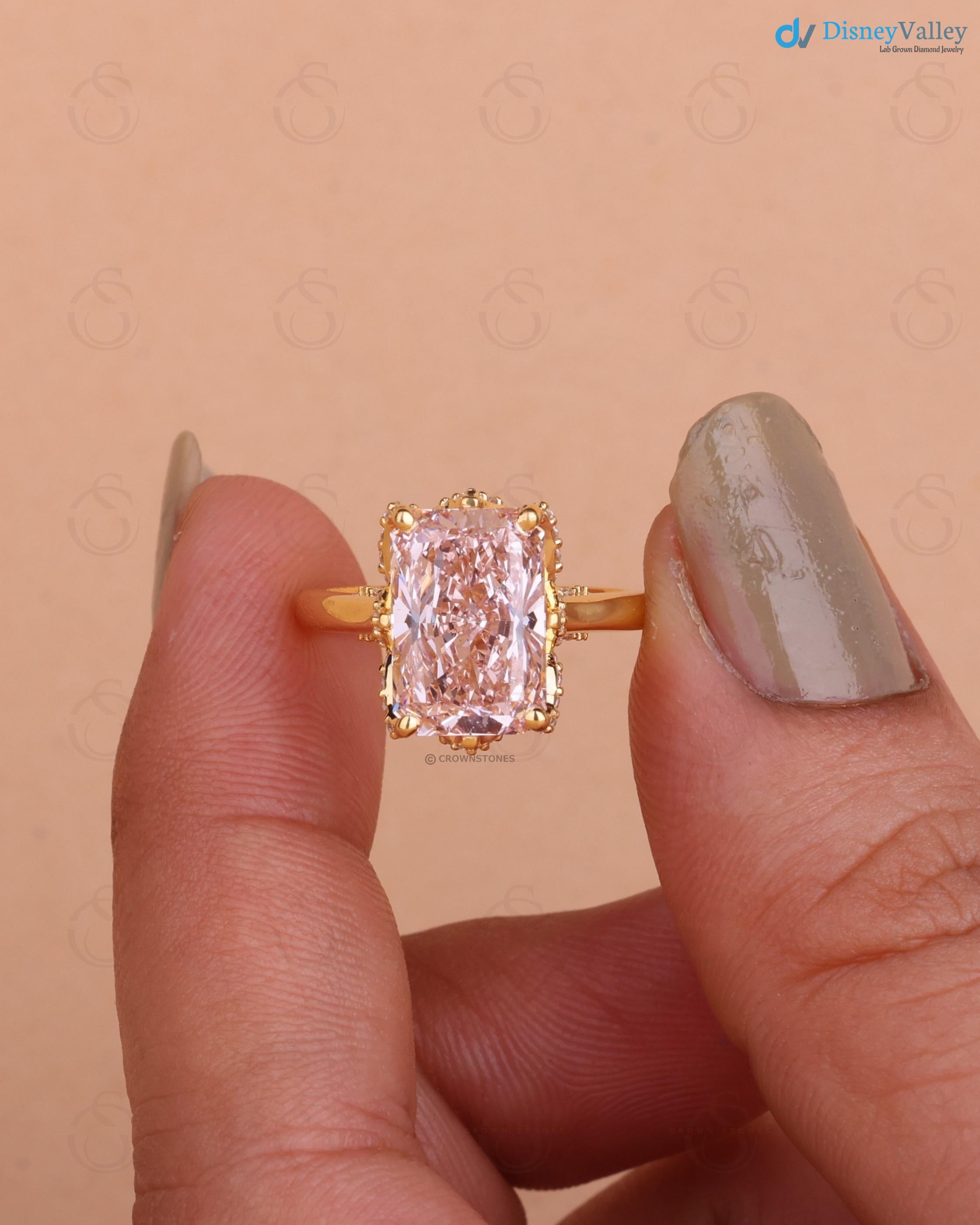3 ct Radiant Cut Pink Lab Grown Diamond Engagement Ring Tulip Design Promise Ring - DisneyValley 
