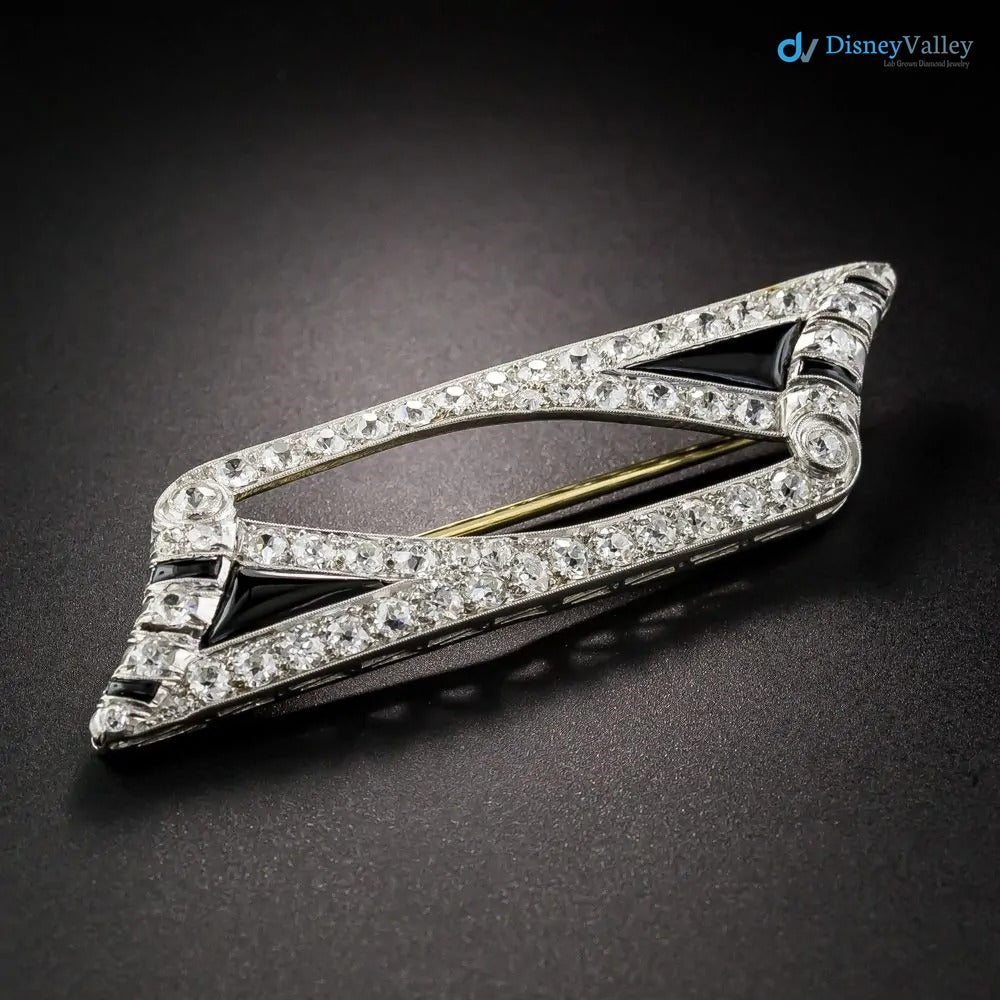 Art Deco black enamel with moissanite diamond Onyx silver brooch