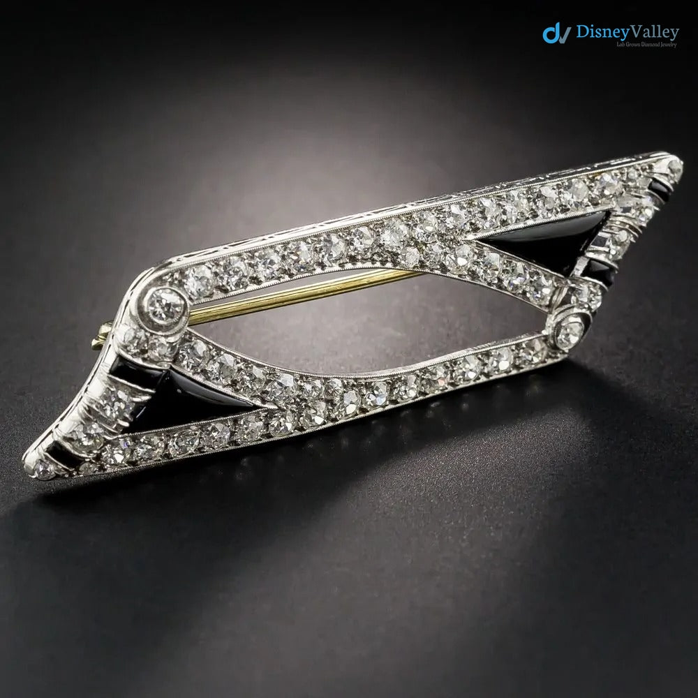 Art Deco black enamel with moissanite diamond Onyx silver brooch
