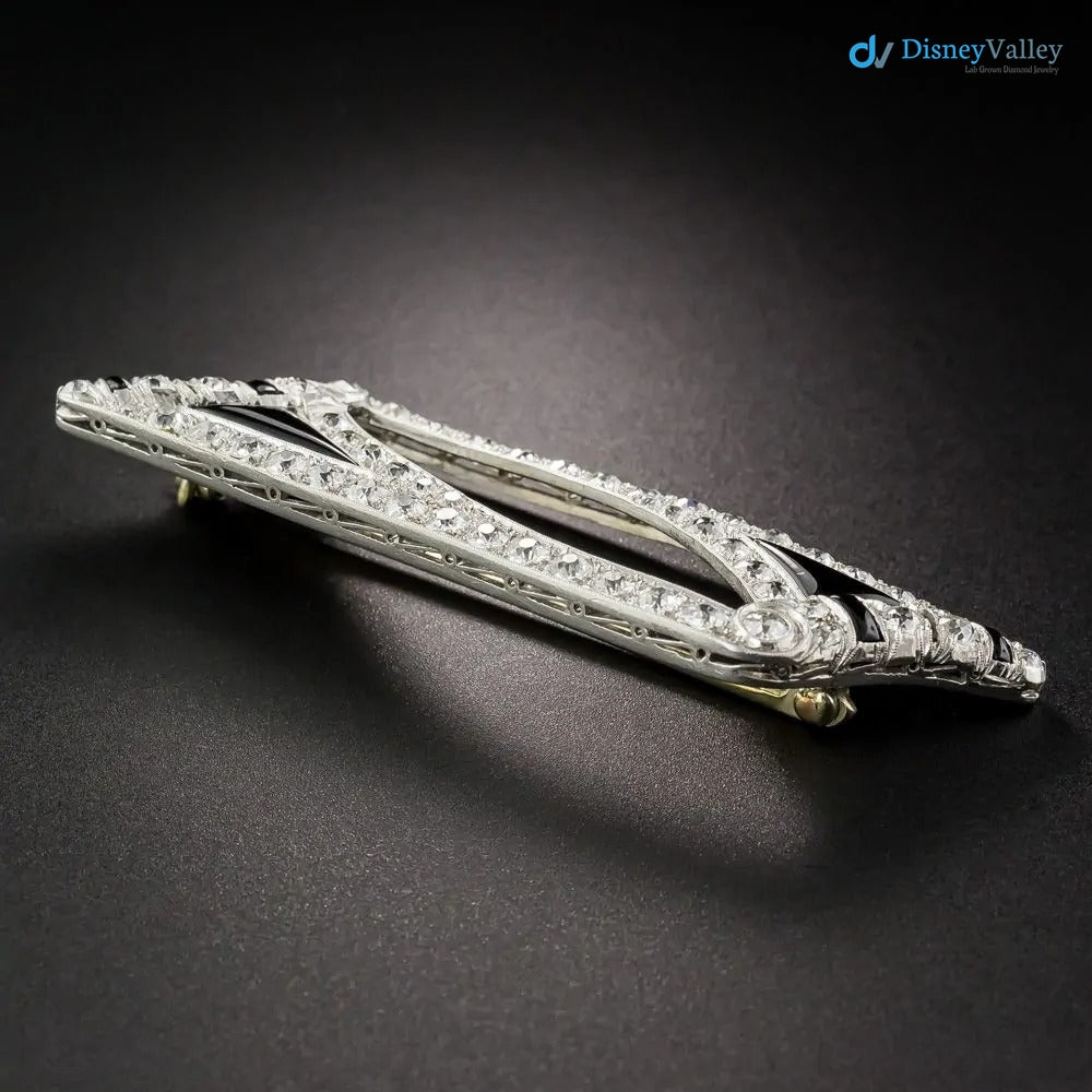 Art Deco black enamel with moissanite diamond Onyx silver brooch