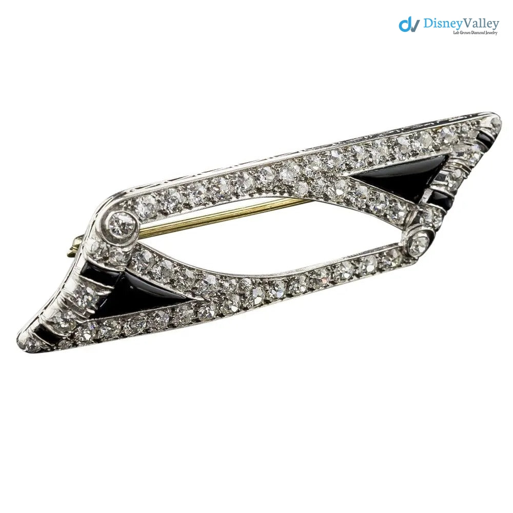 Art Deco black enamel with moissanite diamond Onyx silver brooch