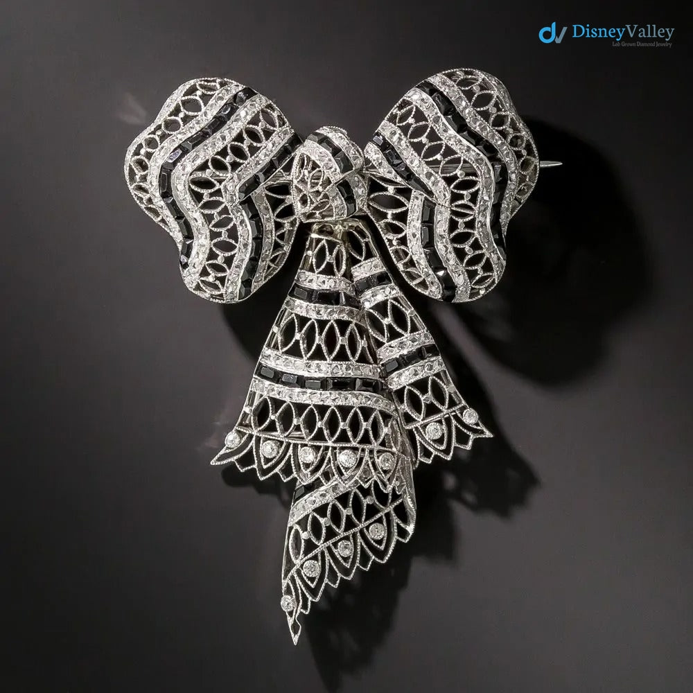 Edwardian Diamond and black enamel Bow Knot Brooch