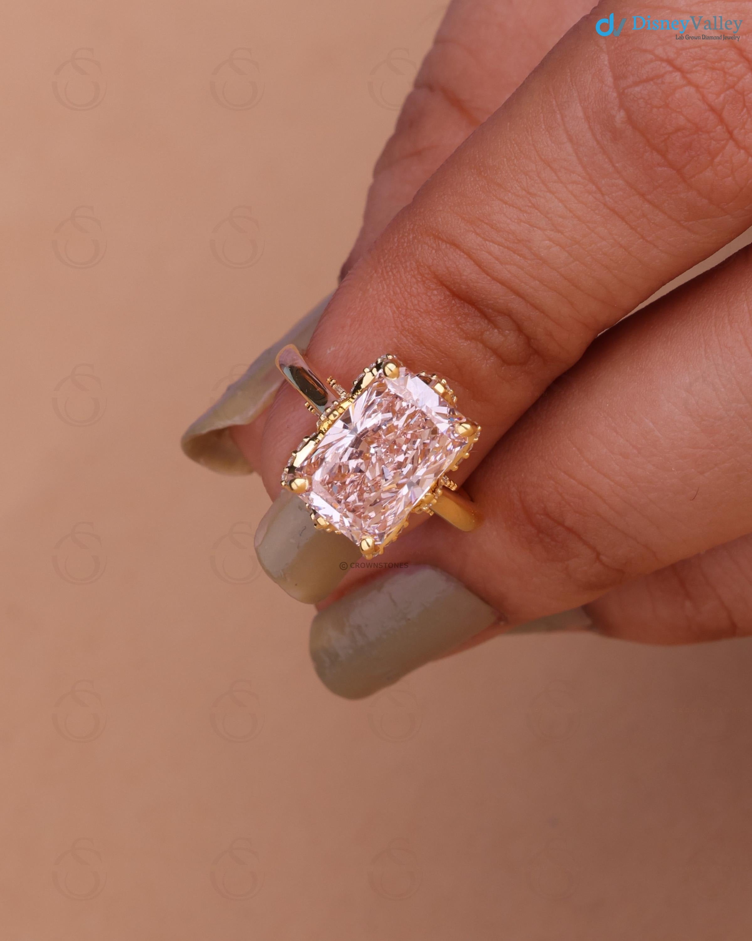 3 ct Radiant Cut Pink Lab Grown Diamond Engagement Ring Tulip Design Promise Ring - DisneyValley 