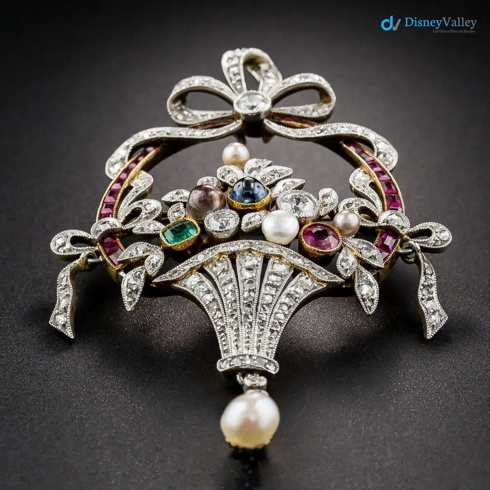 Art Deco Antique 4.6 ctw Flower Basket 925 sterling silver Pendant/Brooch
