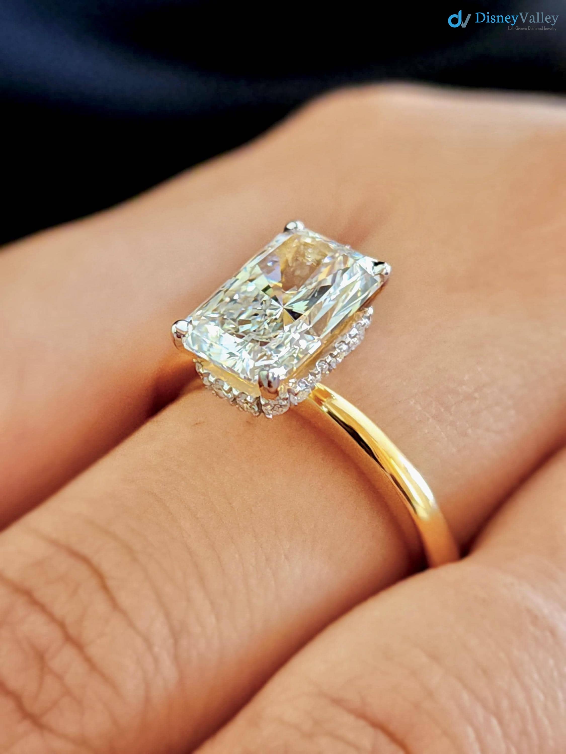 3 CT Radiant Cut Lab Grown Diamond Hidden Halo Solitaire Engagement Ring - DisneyValley 