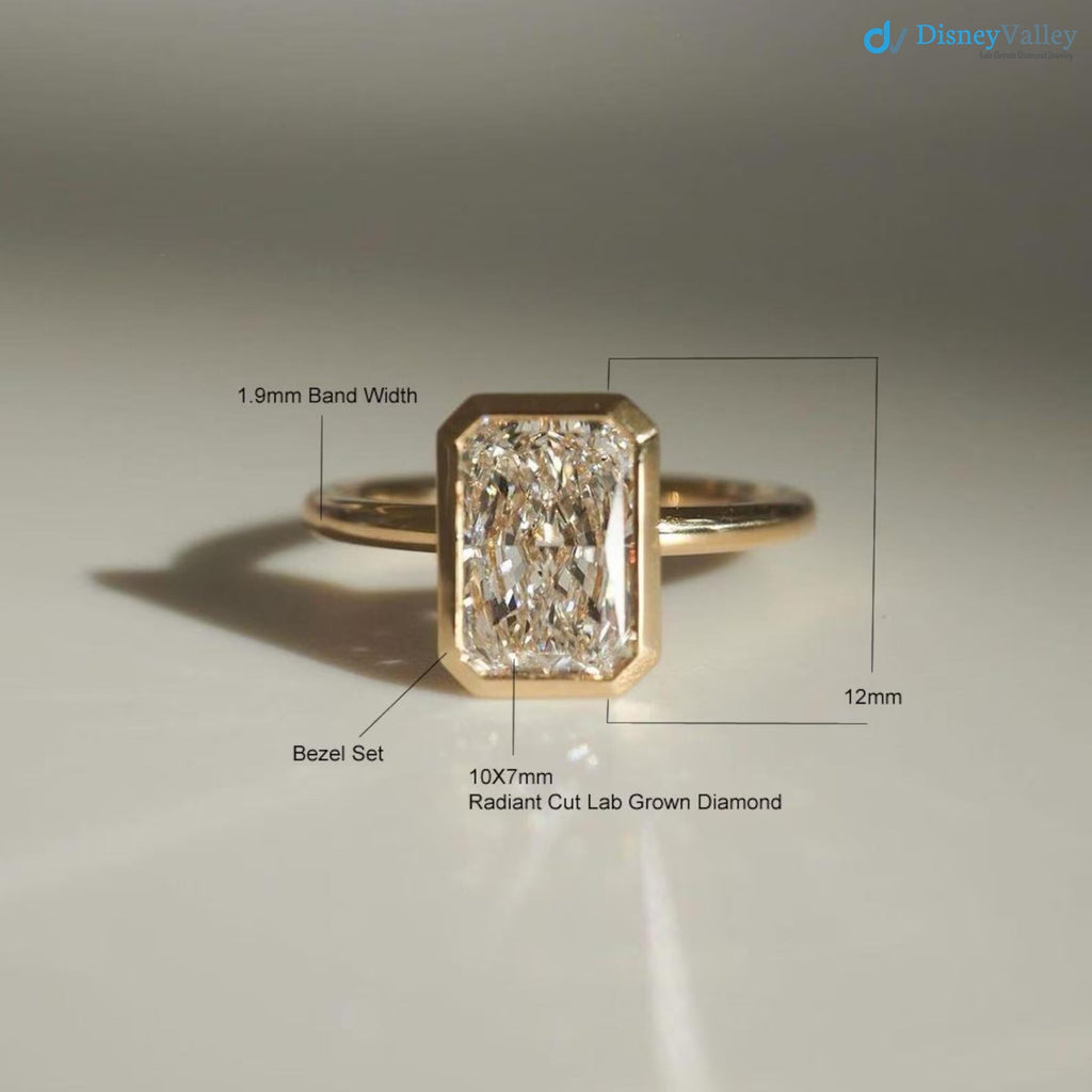 3.00 Ct IGI CERTIFIED Elongated Radiant Cut Lab Grown Diamond Bezel Set Solitaire Engagement Ring - DisneyValley 