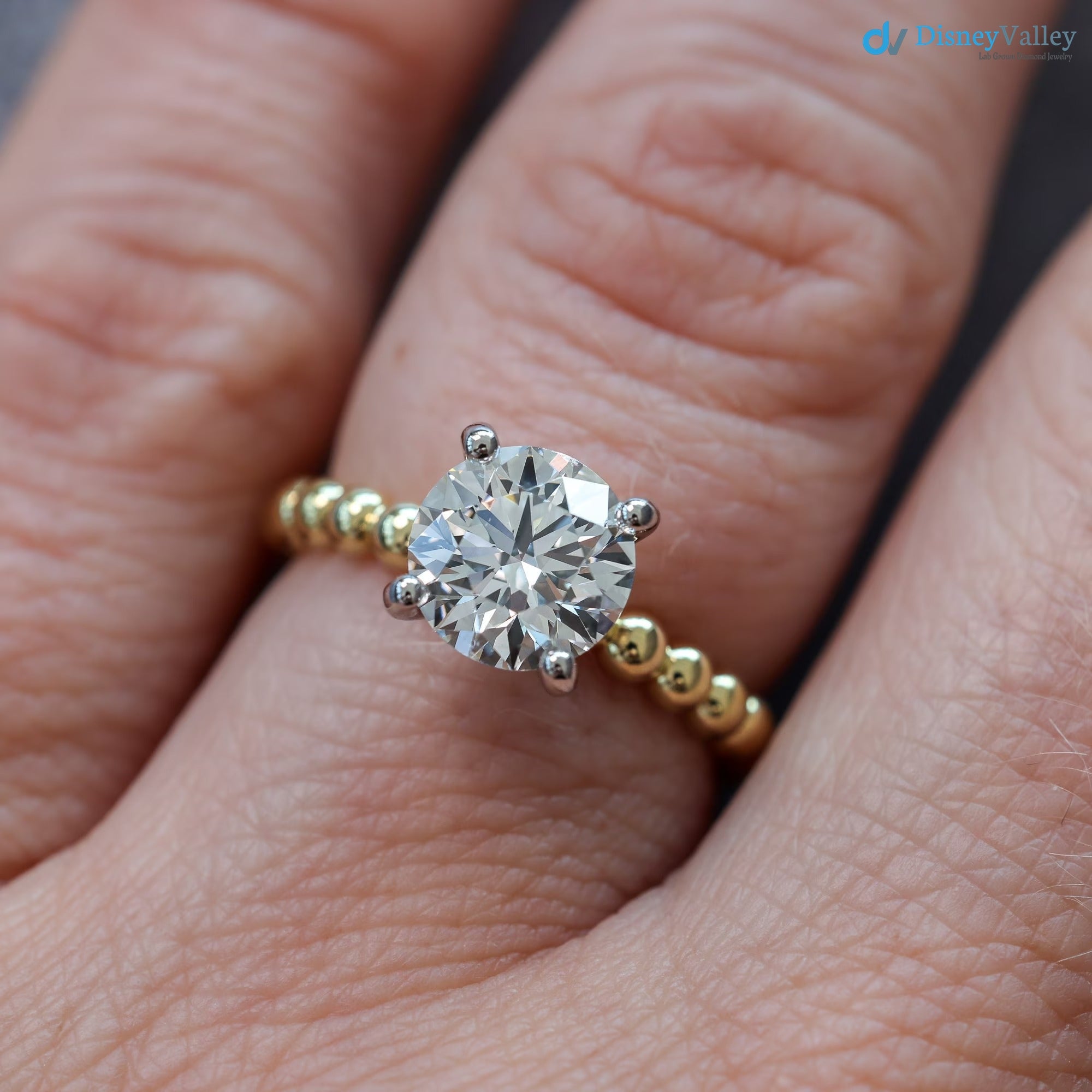 Beaded Diamond Engagement Ring Two-Toned Mixed Metal Solitaire ring - DisneyValley 
