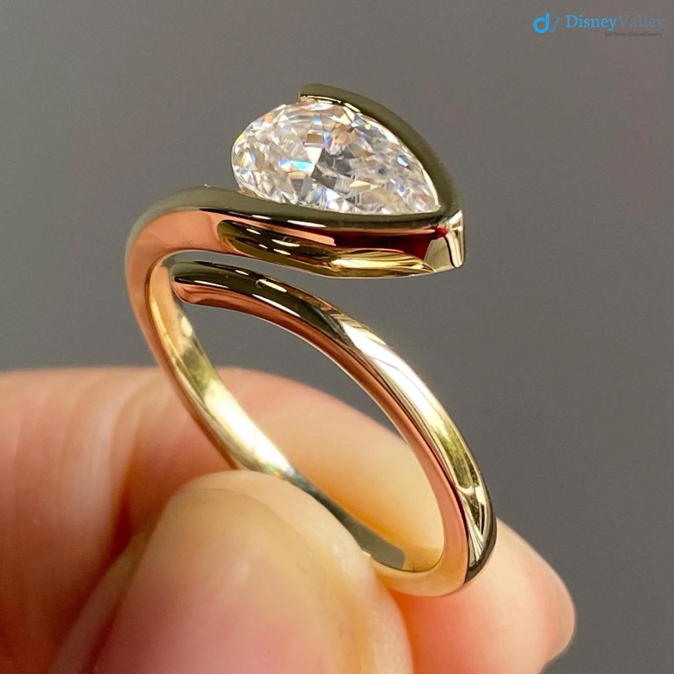 Bypass Lab Diamond Ring Half Bezel Set Ring East West Pear Diamond Ring - DisneyValley 