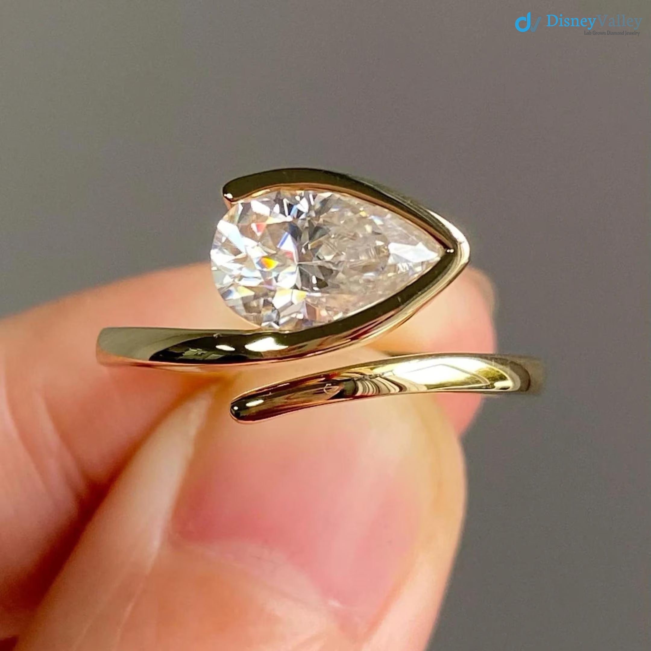 Bypass Lab Diamond Ring Half Bezel Set Ring East West Pear Diamond Ring - DisneyValley 