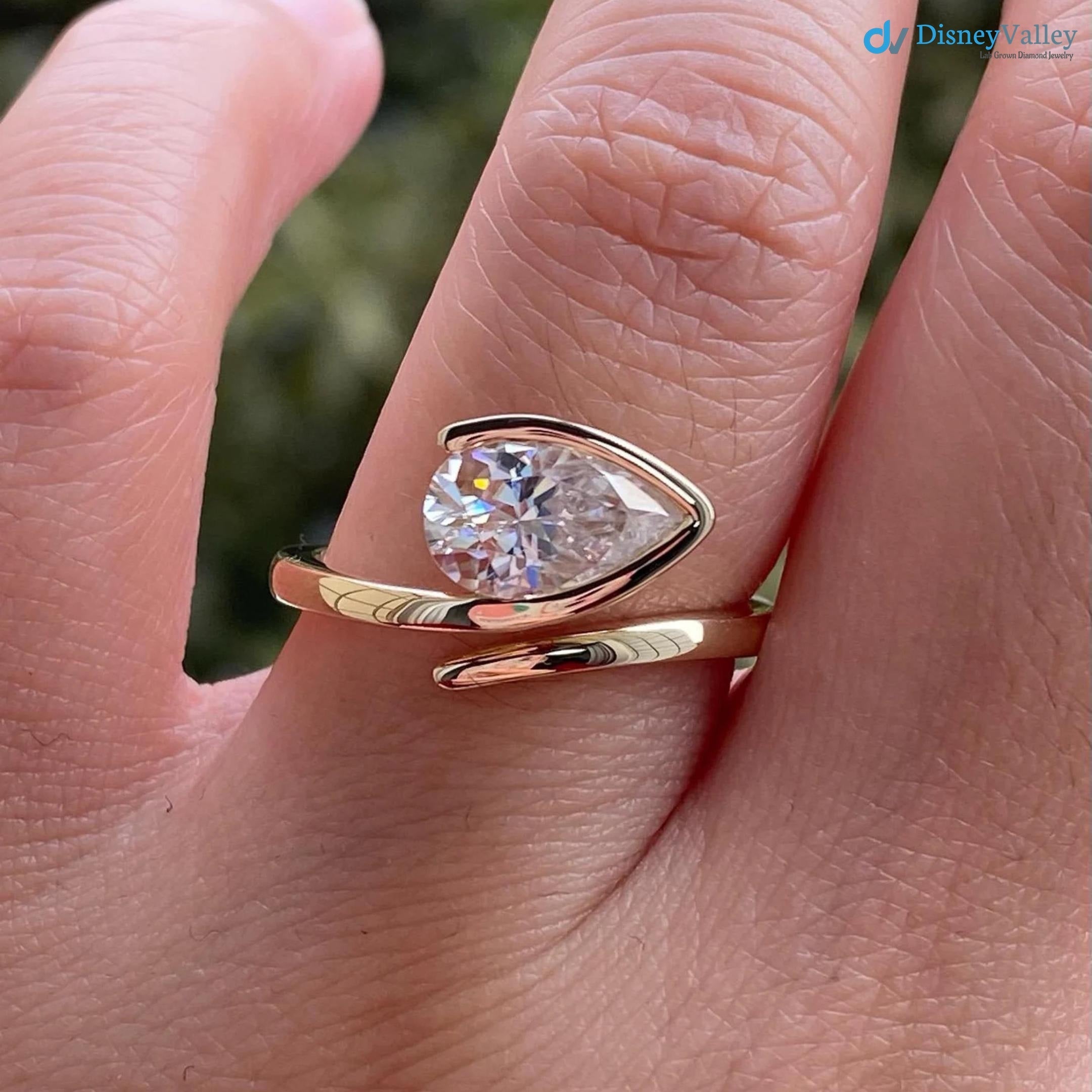 Bypass Lab Diamond Ring Half Bezel Set Ring East West Pear Diamond Ring - DisneyValley 