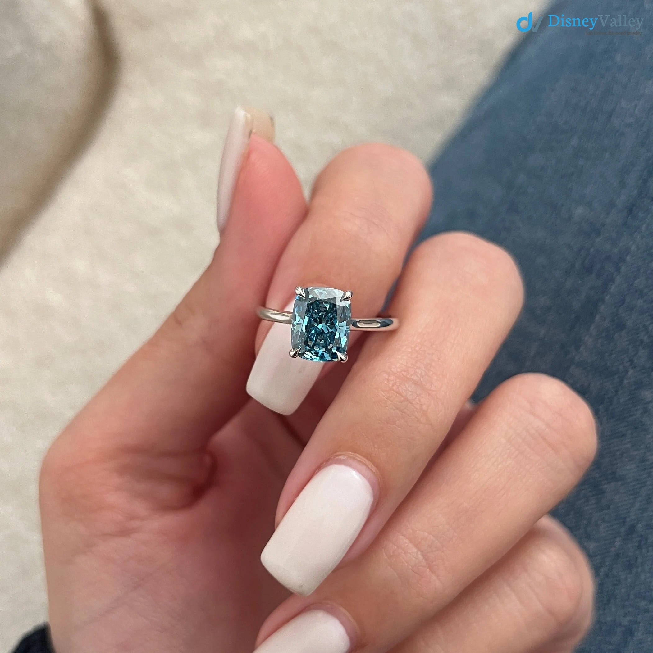 2 Carat Cushion Fancy Vivid Blue Solitaire Ring / Blue Diamond Engagement Ring - DisneyValley 