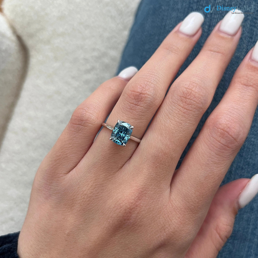 2 Carat Cushion Fancy Vivid Blue Solitaire Ring / Blue Diamond Engagement Ring - DisneyValley 