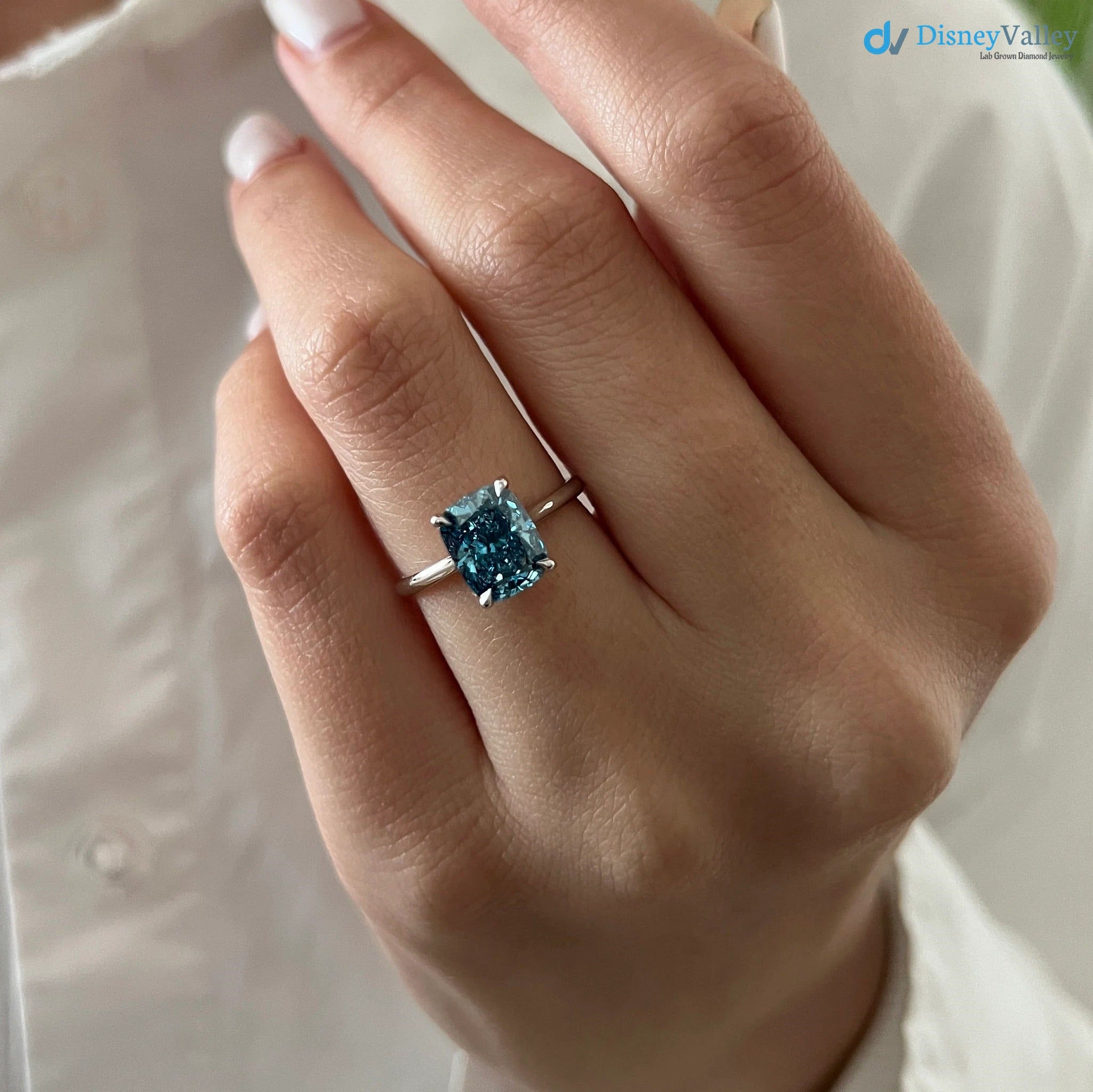 2 Carat Cushion Fancy Vivid Blue Solitaire Ring / Blue Diamond Engagement Ring - DisneyValley 