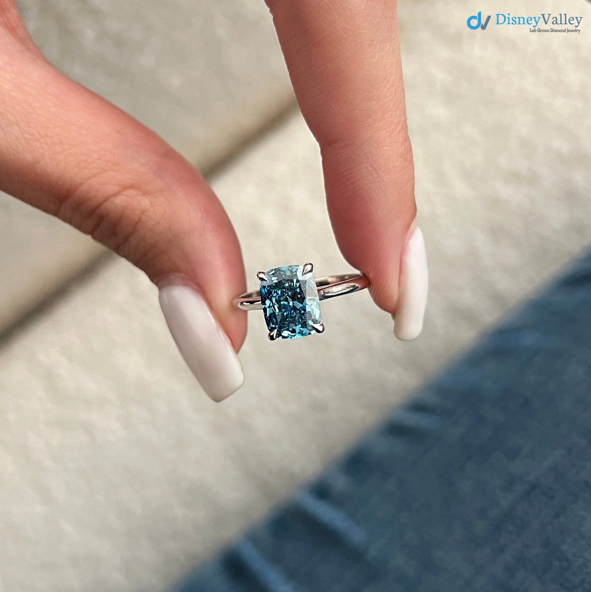 2 Carat Cushion Fancy Vivid Blue Solitaire Ring / Blue Diamond Engagement Ring - DisneyValley 