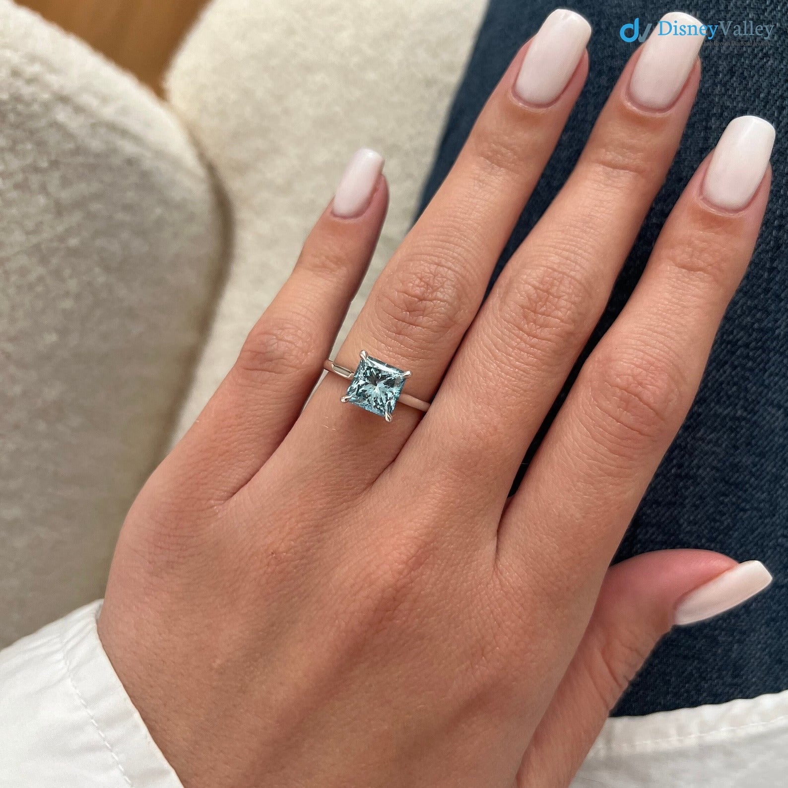 2 Carat Princess Cut Fancy Vivid Blue Lab Grown Diamond Engagement Ring - DisneyValley  Main image