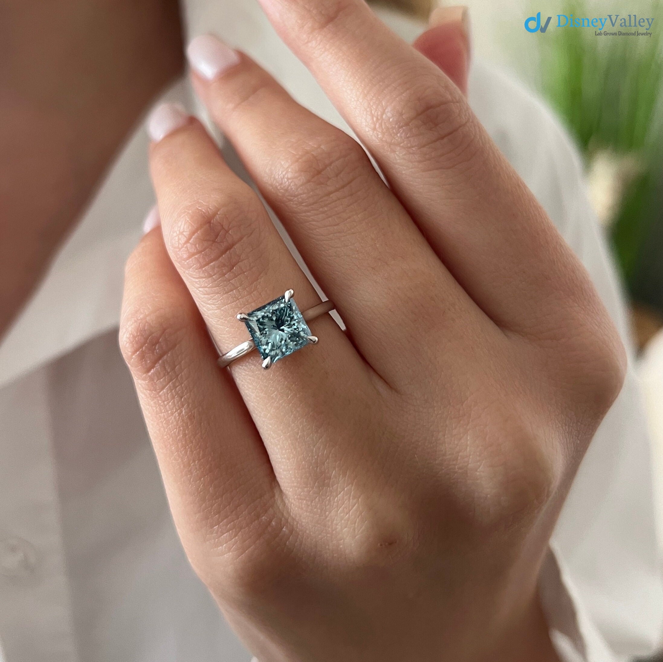 2 Carat Princess Cut Fancy Vivid Blue Lab Grown Diamond Engagement Ring - DisneyValley 