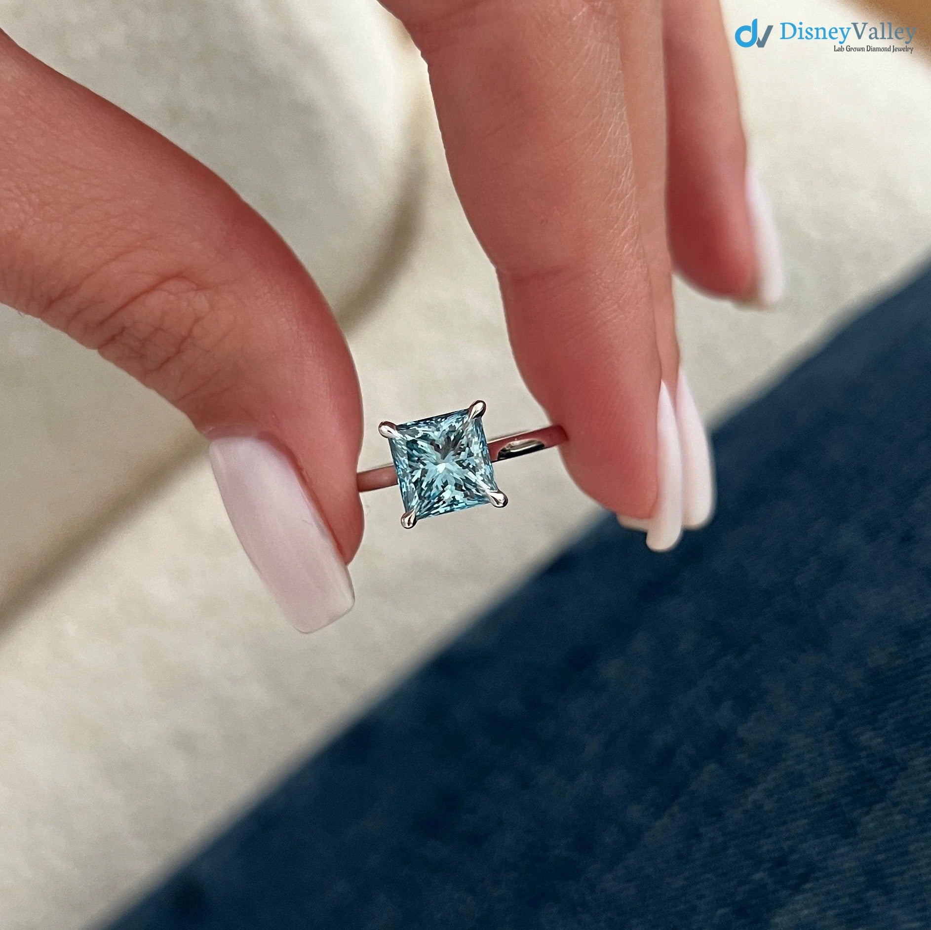 2 Carat Princess Cut Fancy Vivid Blue Lab Grown Diamond Engagement Ring - DisneyValley 