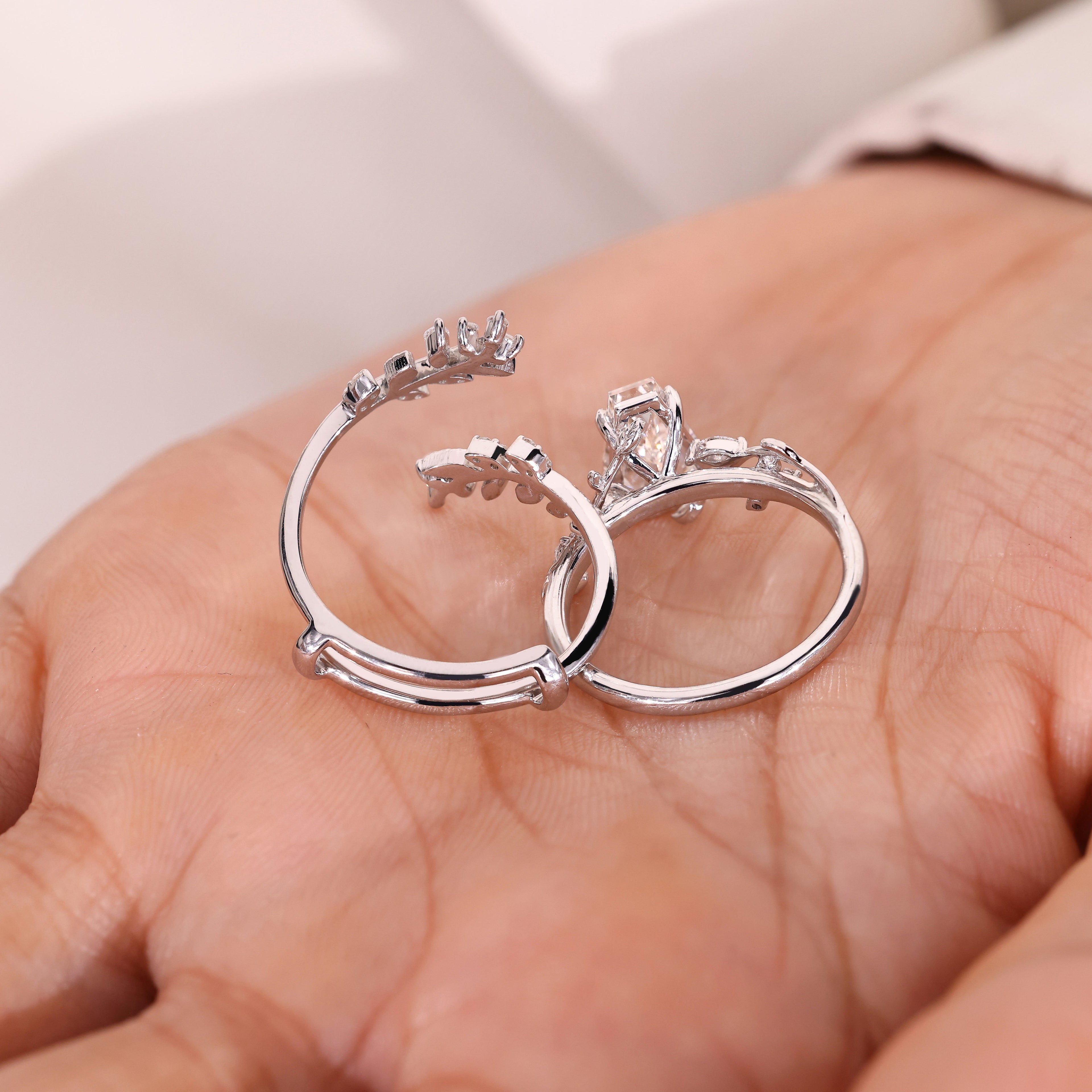 Nature Inspired Coffin Wedding Ring with Leaf Wrap Guard Band