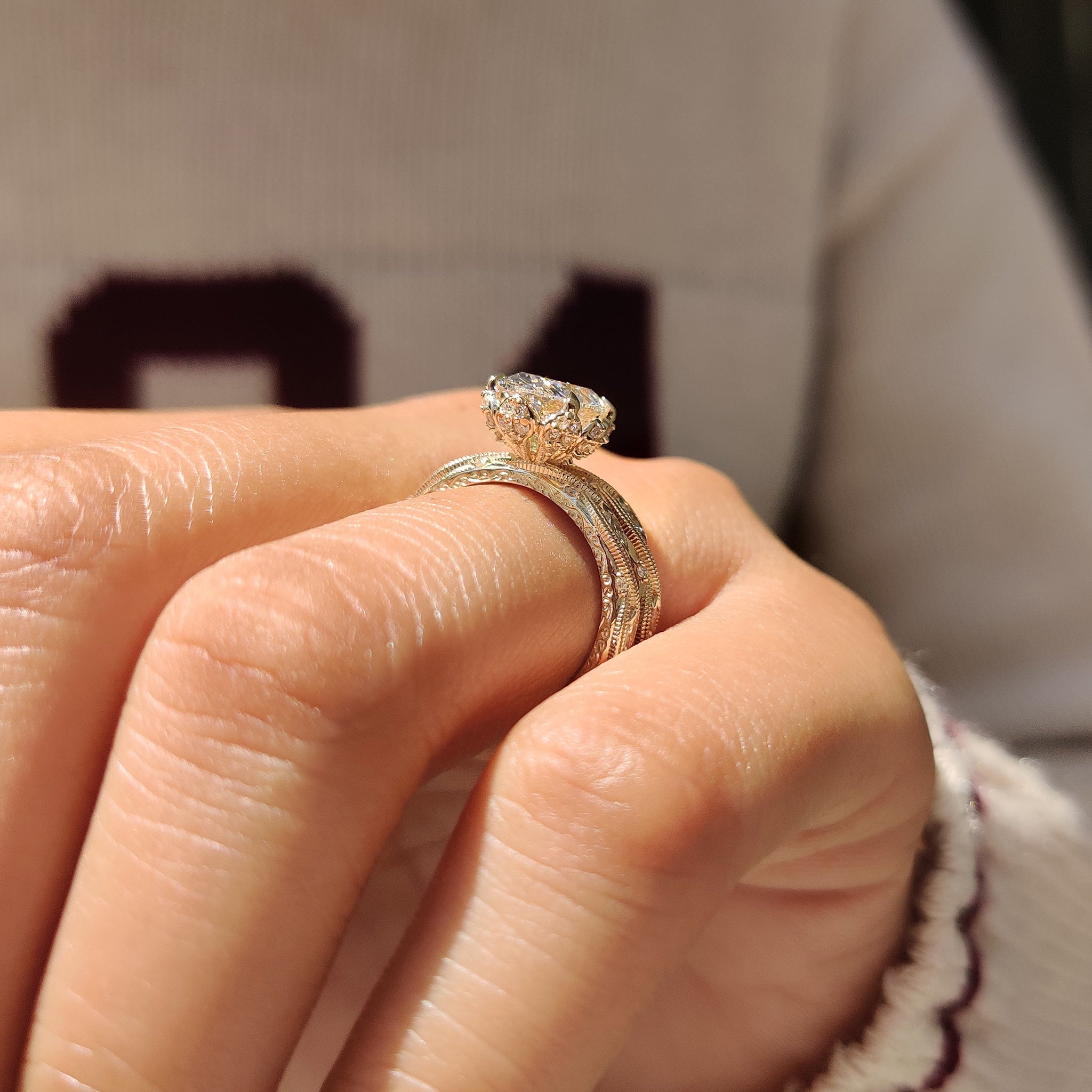 Oval Cut Ring with Eternity Band Vintage Bridal Set in Milgrain Details