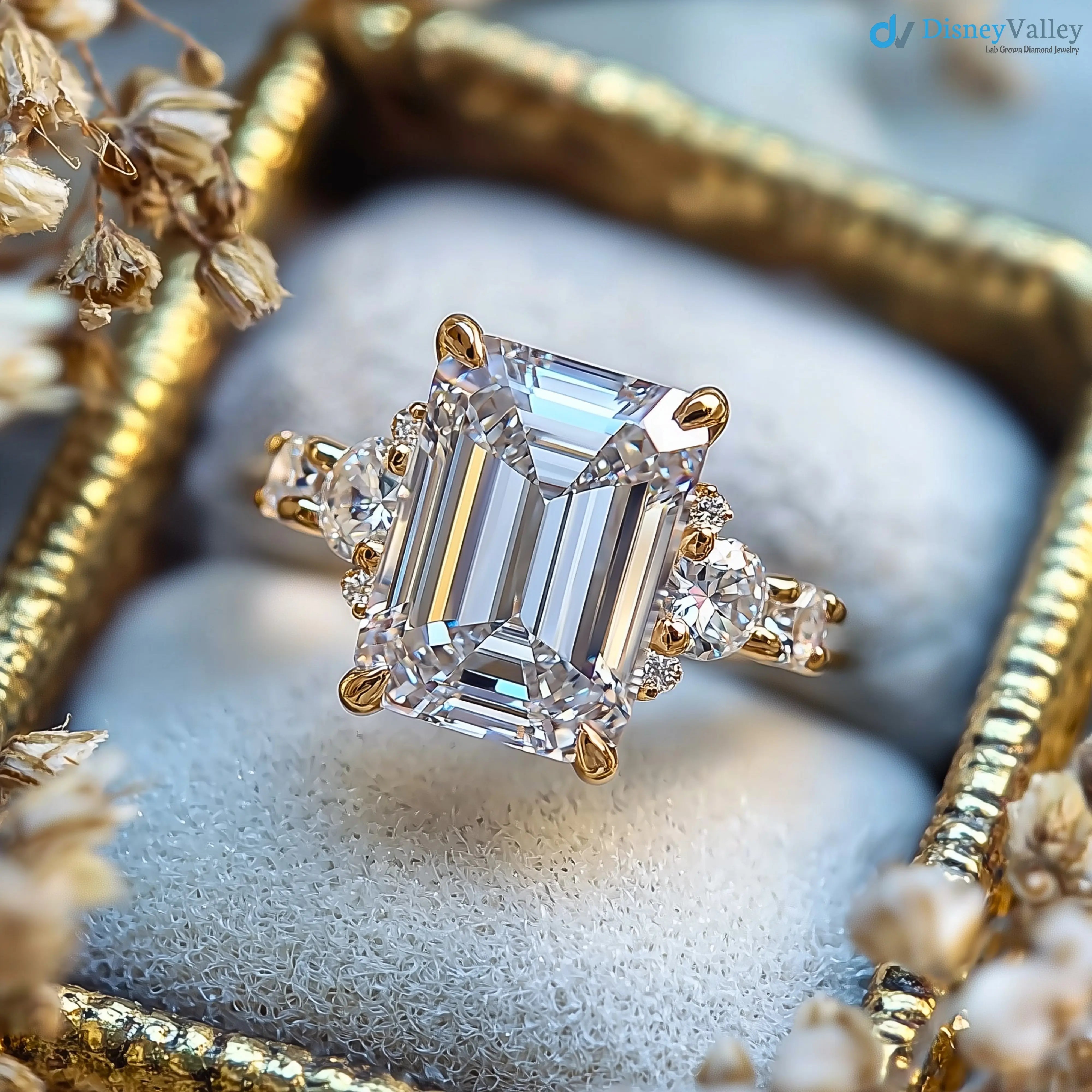 Excellent emerald cut 2 caret lab grown diamond side stone engagement ring - DisneyValley Main image