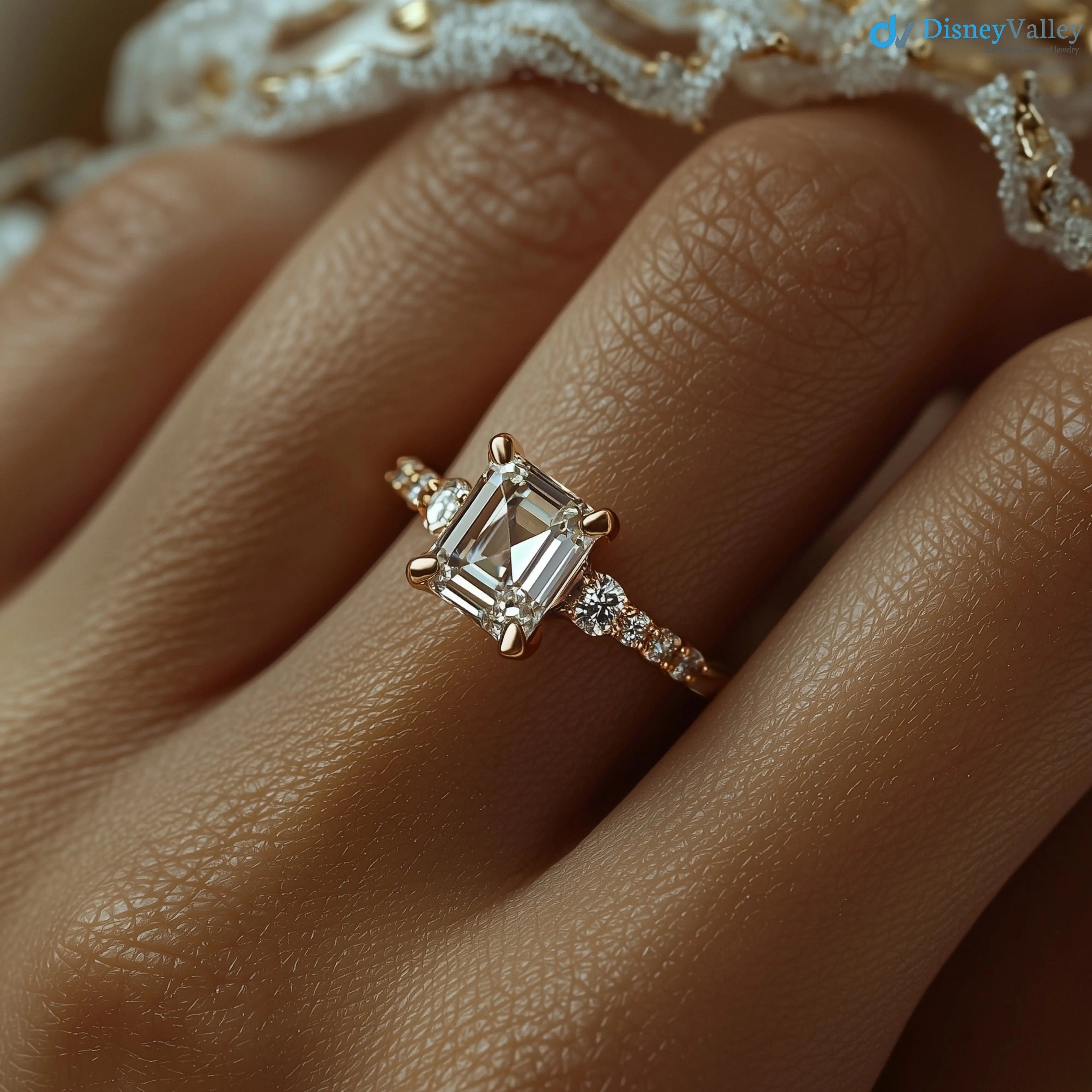 Excellent emerald cut 2 caret lab grown diamond side stone engagement ring - DisneyValley
