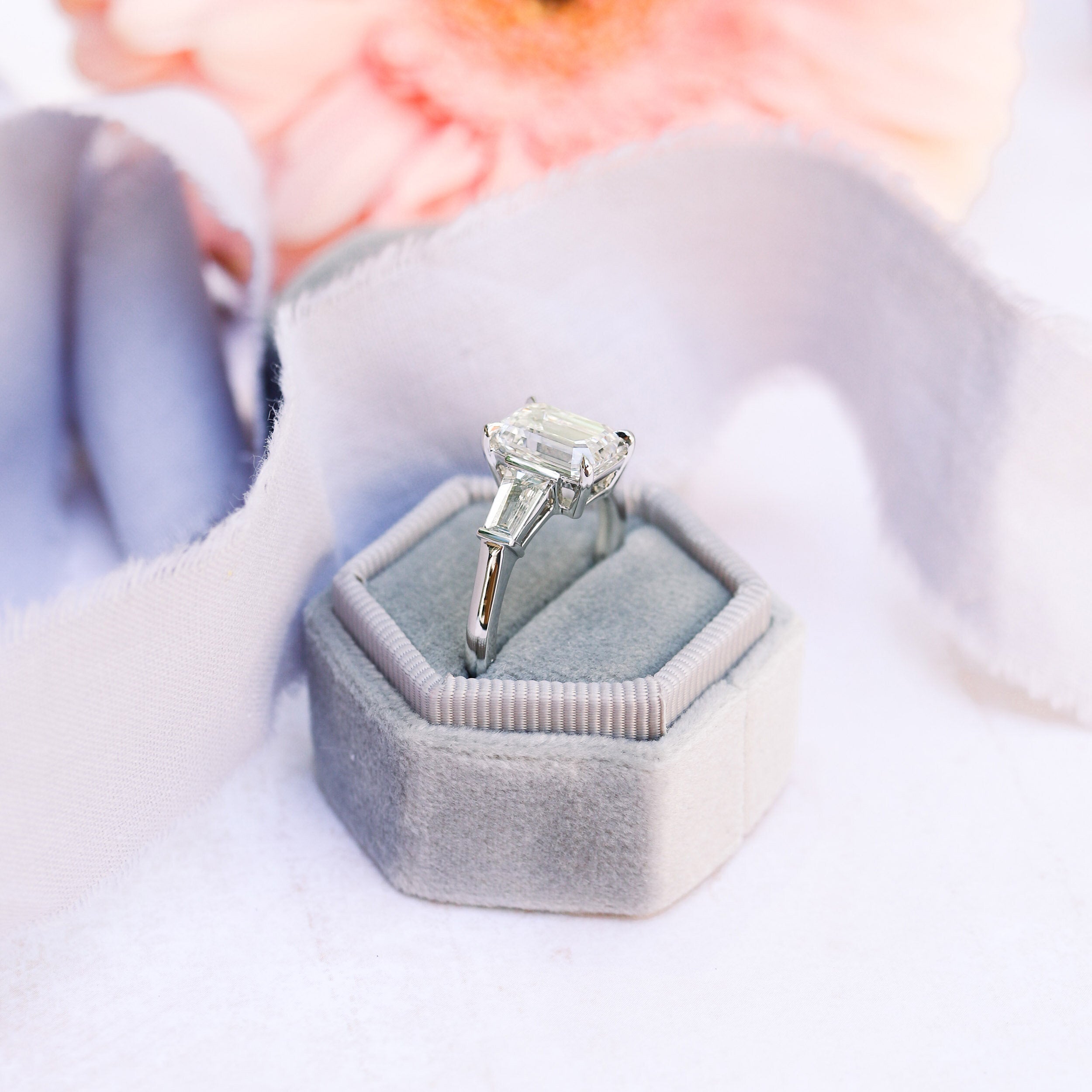 3.0 CT Emerald Cut Moissanite Three Stones Engagement Ring