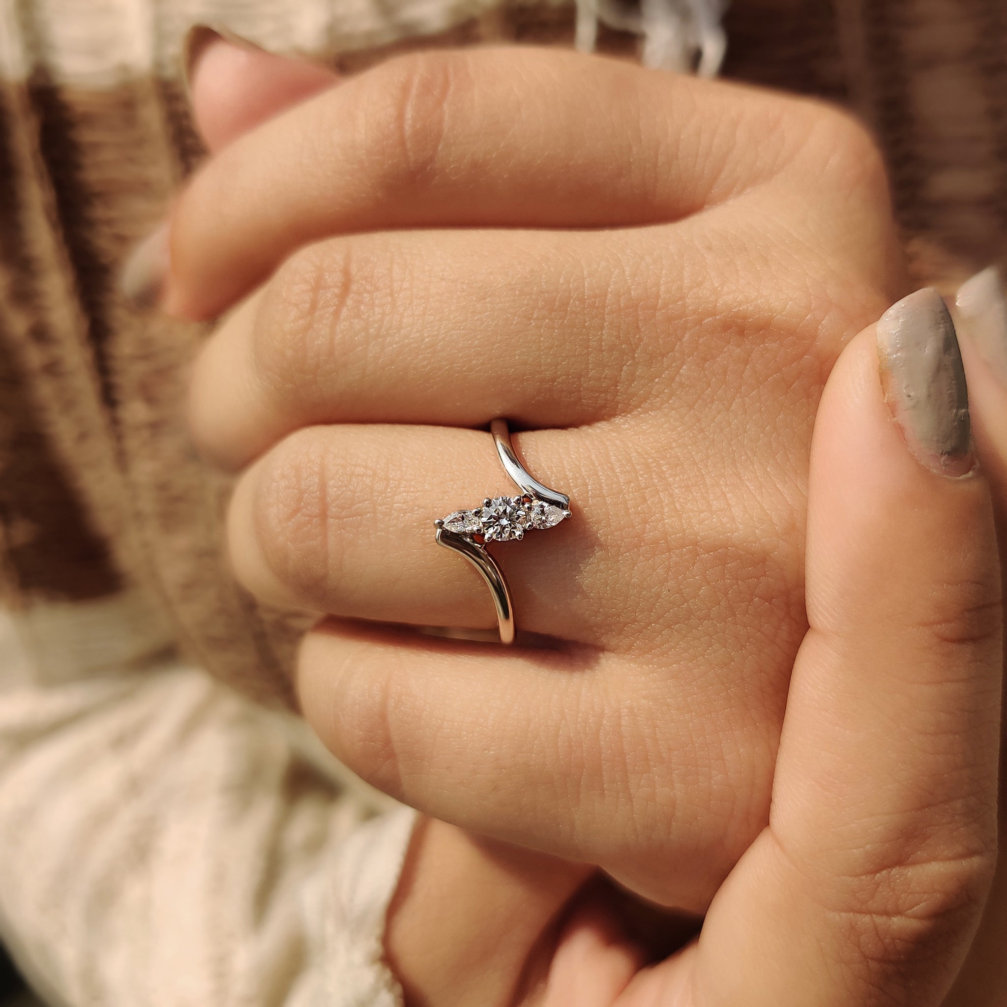 Bypass Engagement Ring With Round And Pear Diamond