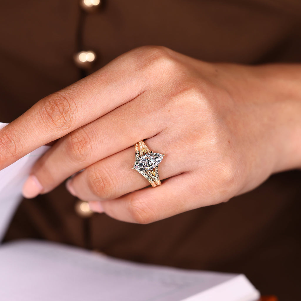 Vintage Marquise Engagement Ring Set with Curved Wedding Band