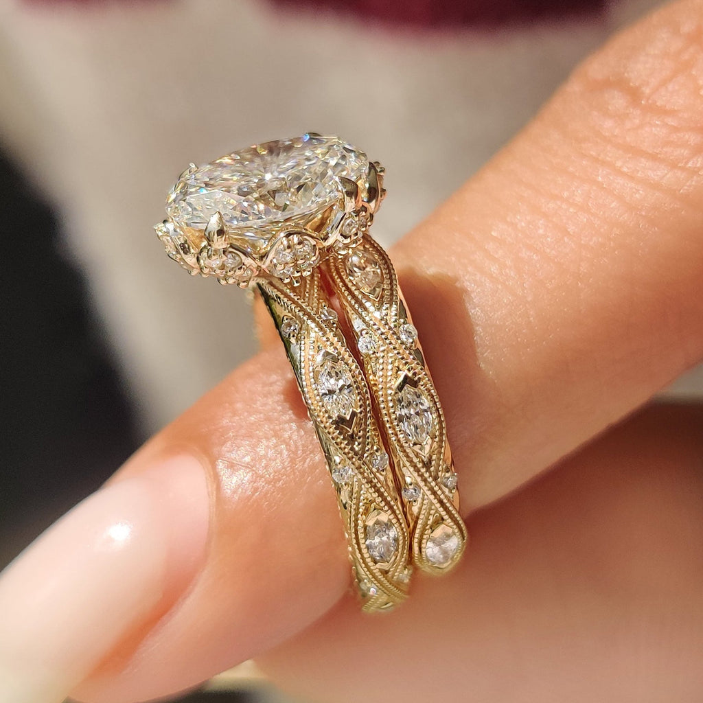 Oval Cut Ring with Eternity Band Vintage Bridal Set in Milgrain Details