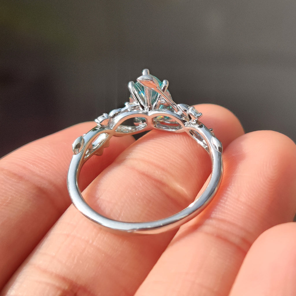 Cyan Blue Moissanite Pear Nature inspired Ring with Leaf Design
