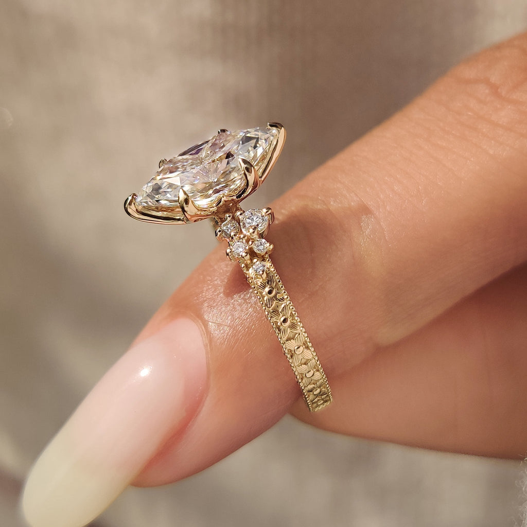 Dutch Marquise Diamond Ring with Hand Engraved Filigree Design