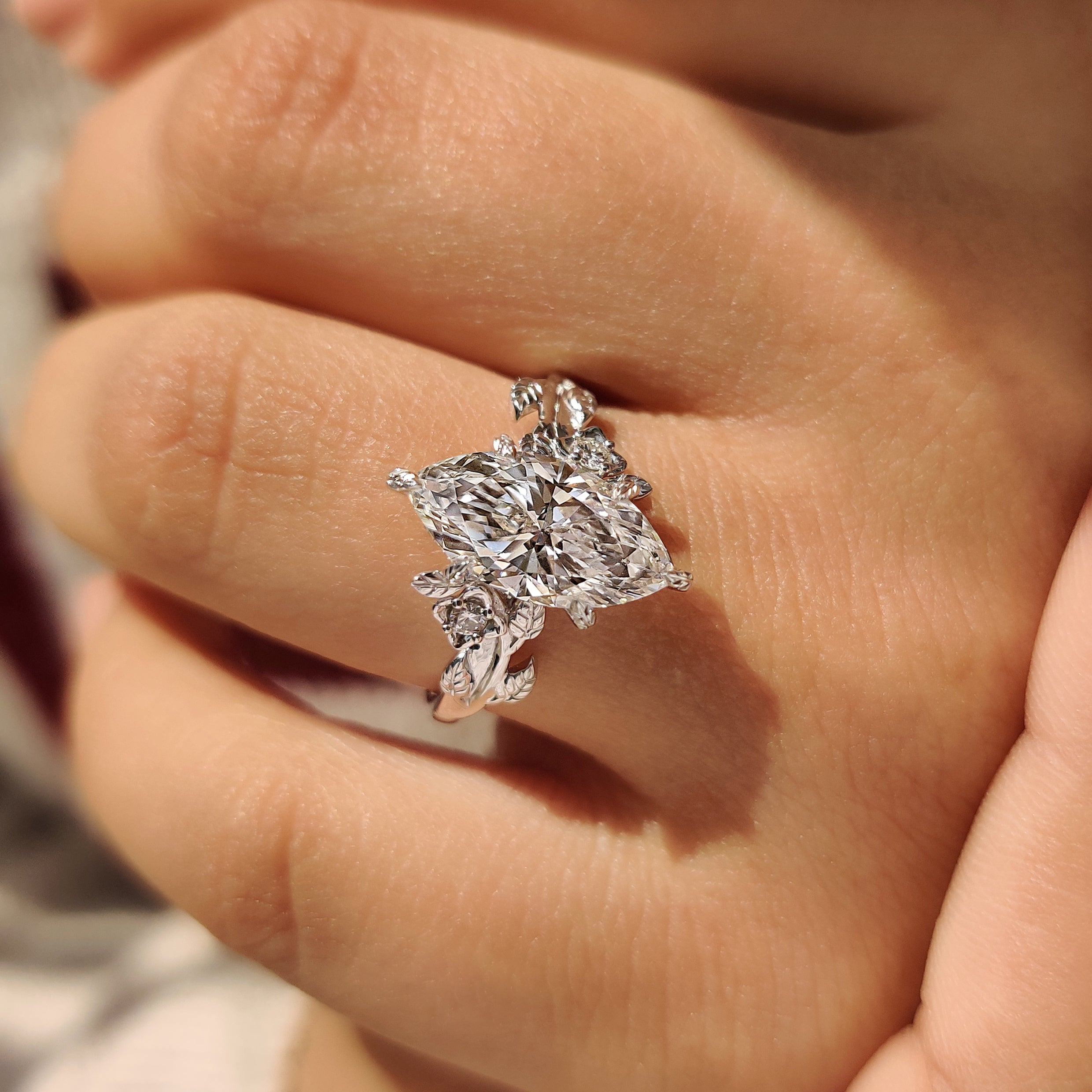 Nature Inspired Marquise Cut Engagement Ring in Floral Details