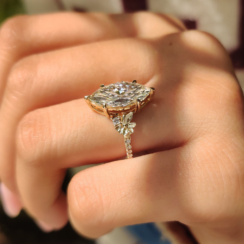 Nature Inspired Marquise Diamond Ring in Flower Detailing