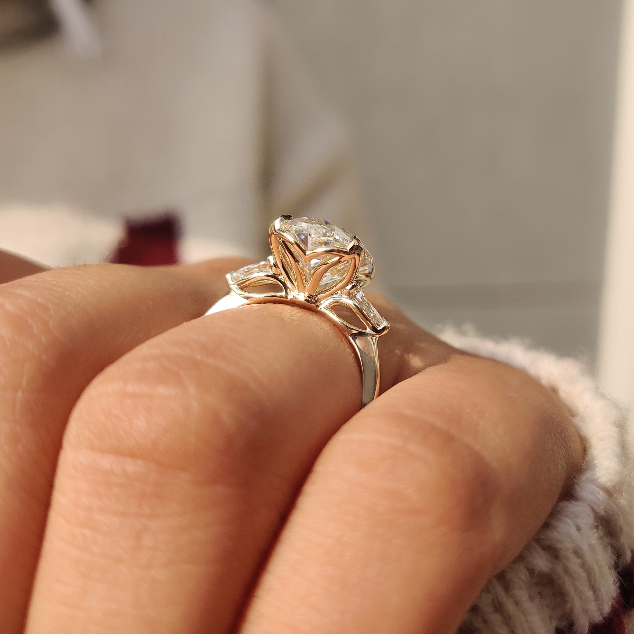 Oval Diamond Three Stone Engagement Ring With Pear Side Stone