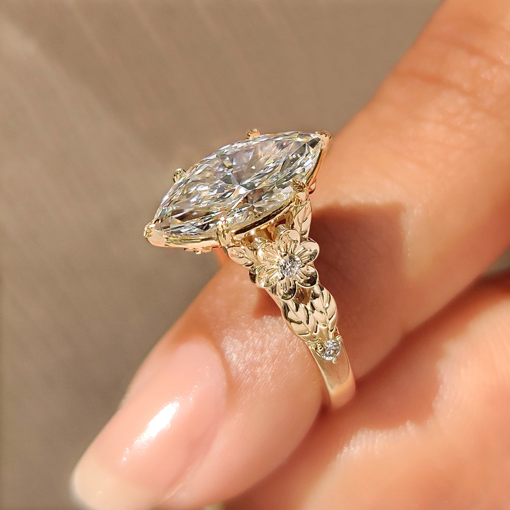 Flower Design Marquise Cut Diamond Ring In Vintage Style