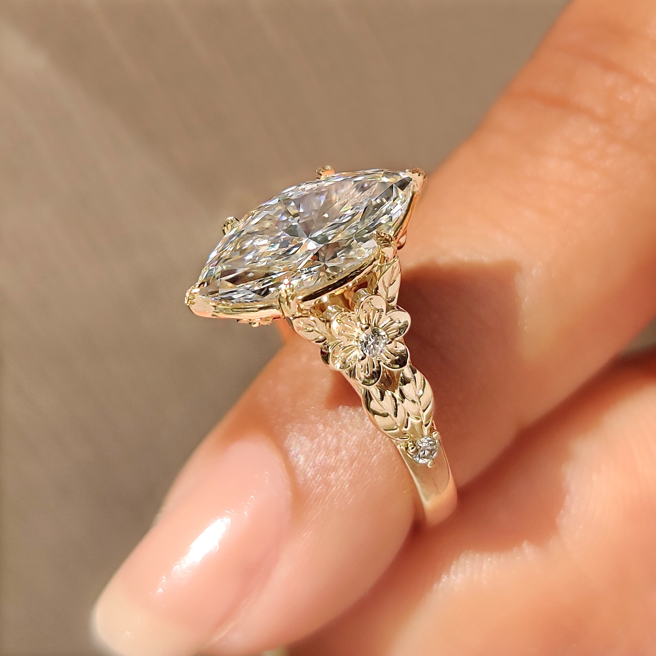 Flower Design Marquise Cut Diamond Ring In Vintage Style