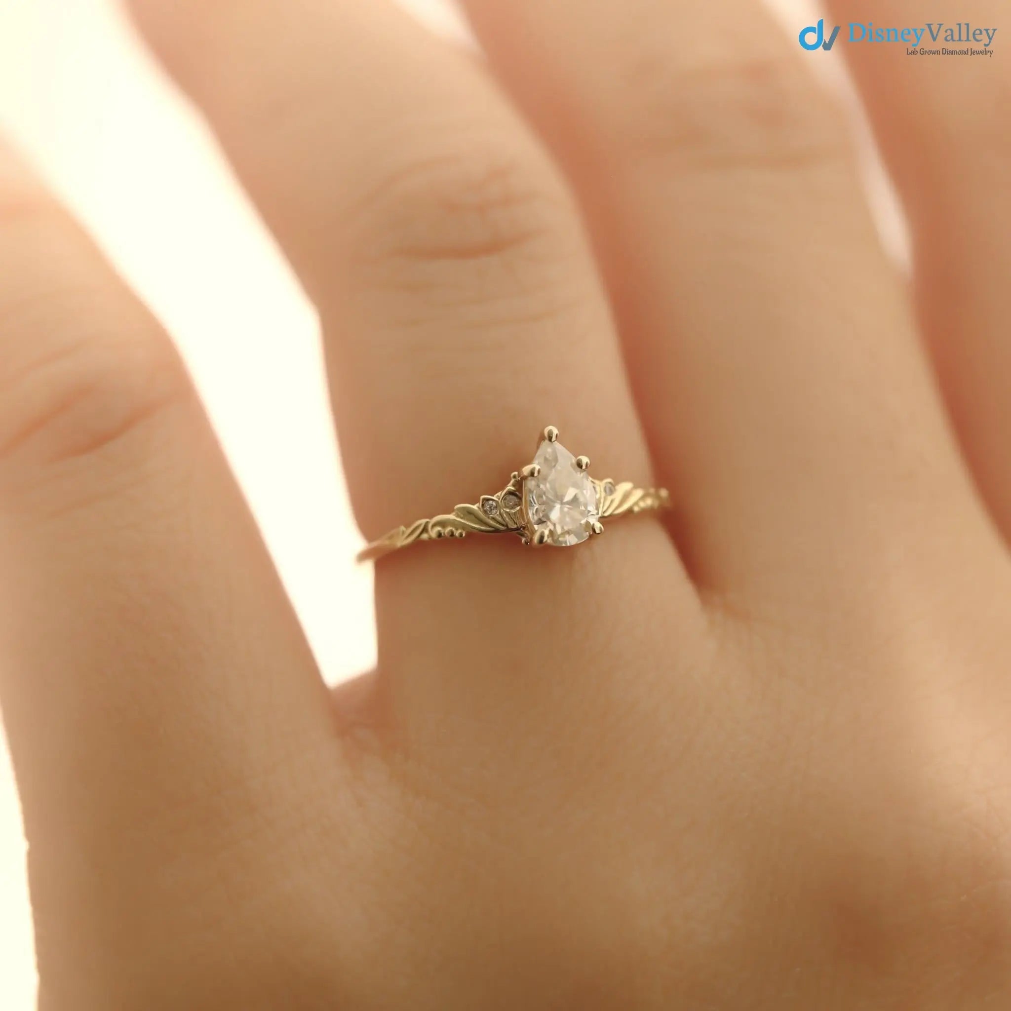 Foliate engagement ring, wedding solitaire pear cut diamond vintage leaf ring DisneyValley