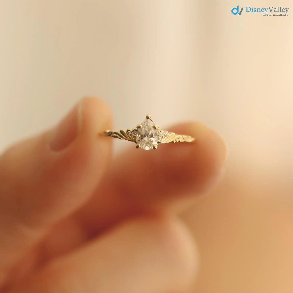 Foliate engagement ring, wedding solitaire pear cut diamond vintage leaf ring DisneyValley