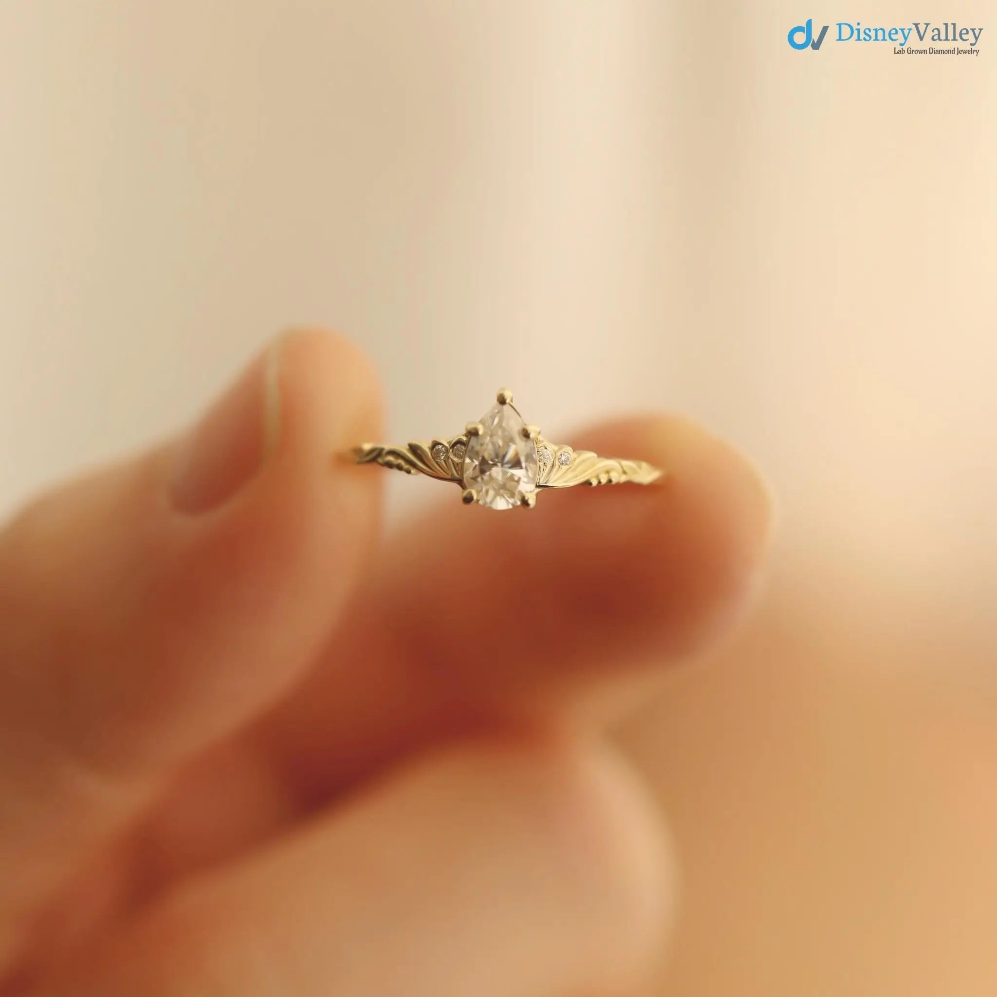 Foliate engagement ring, wedding solitaire pear cut diamond vintage leaf ring DisneyValley