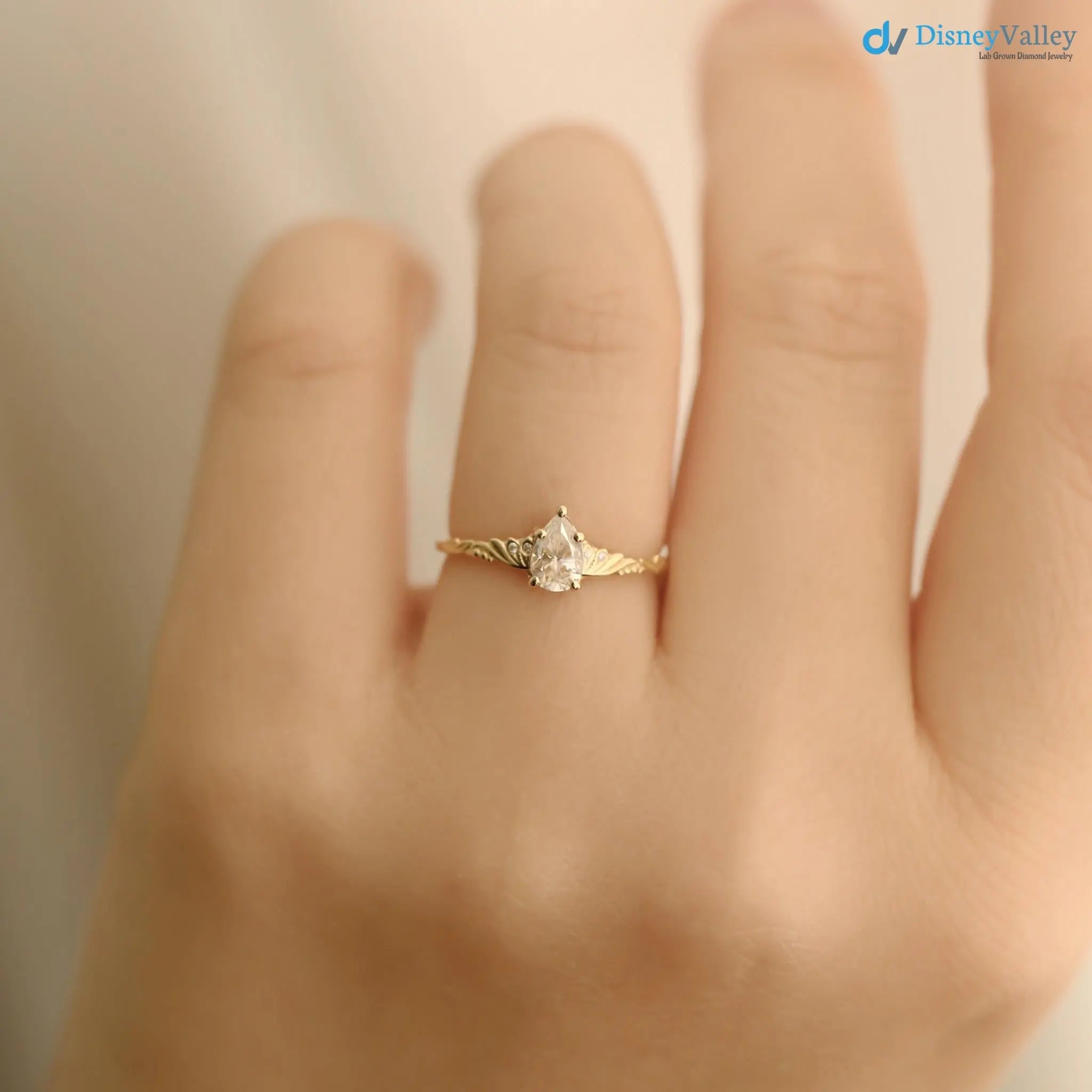 Foliate engagement ring, wedding solitaire pear cut diamond vintage leaf ring DisneyValley