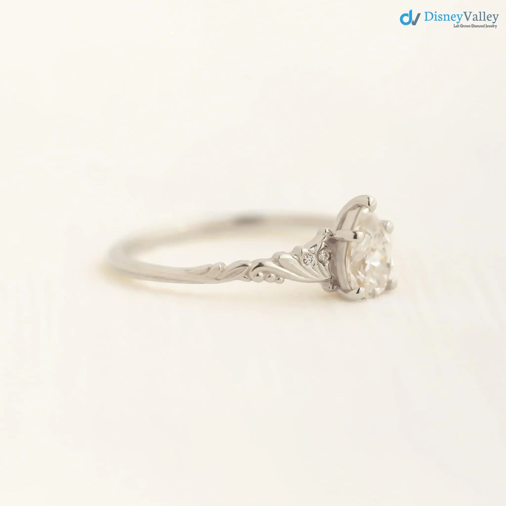 Foliate engagement ring, wedding solitaire pear cut diamond vintage leaf ring DisneyValley