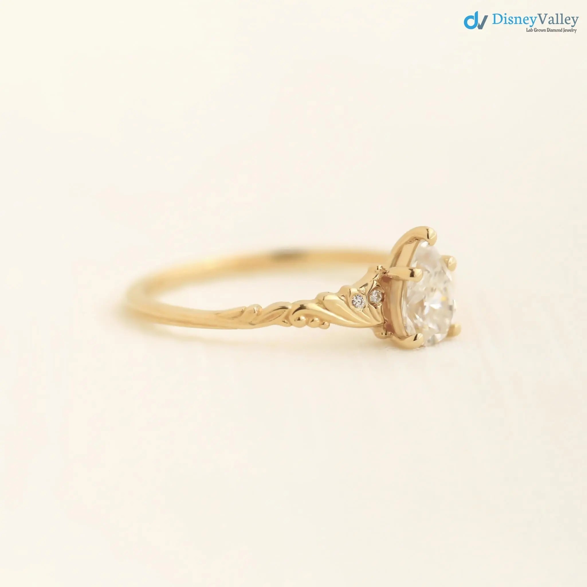 Foliate engagement ring, wedding solitaire pear cut diamond vintage leaf ring DisneyValley