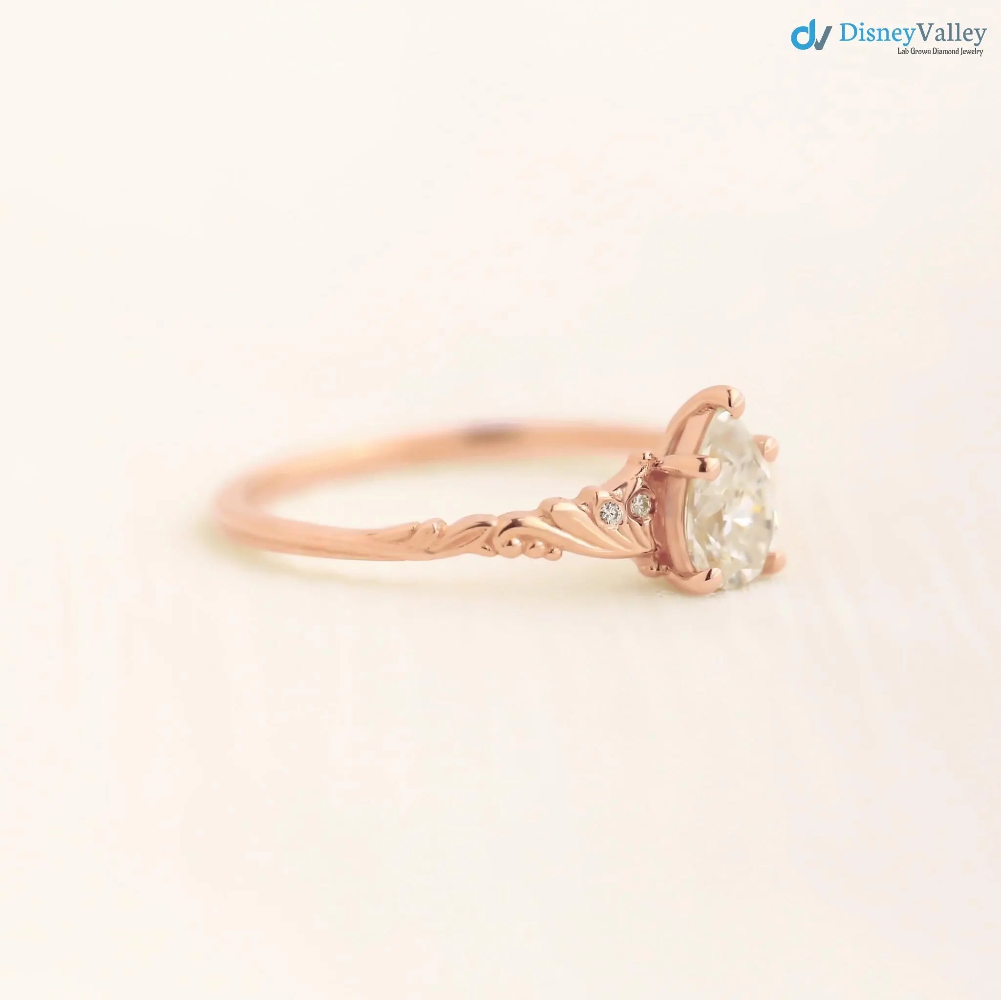 Foliate engagement ring, wedding solitaire pear cut diamond vintage leaf ring DisneyValley