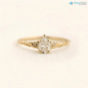 Foliate engagement ring, wedding solitaire pear cut diamond vintage leaf ring DisneyValley