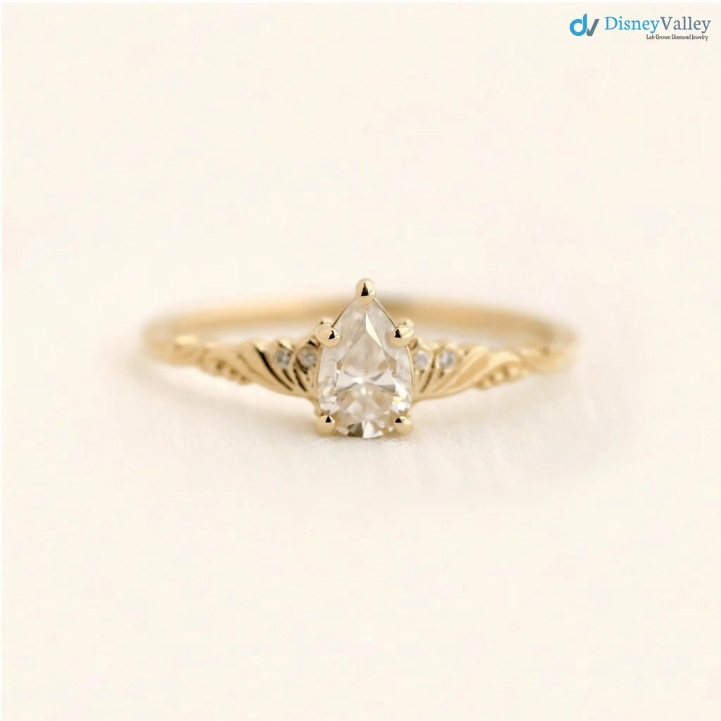 Foliate engagement ring, wedding solitaire pear cut diamond vintage leaf ring DisneyValley