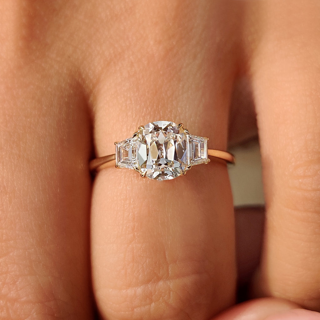 Old Mine Cushion Cut Diamond Ring with Trapezoid Side Stones